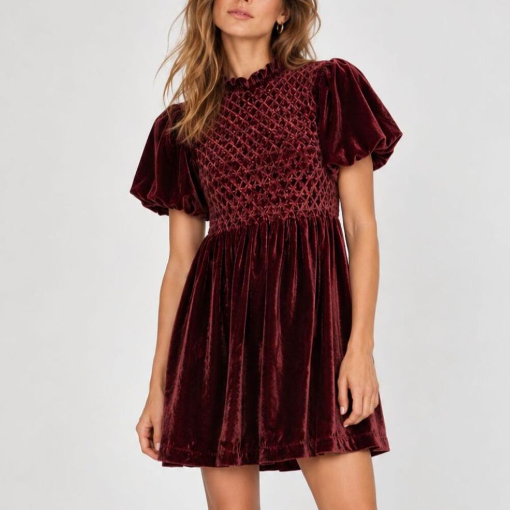 Free People Gum Drop Velvet Mini Dress Burgundy Smocked Open Back NWT M